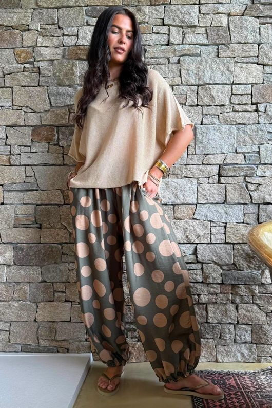 Basso Big Dot Balloon Cuff Pant Khaki & Tan